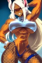 1girls abs ai_generated big_breasts breasts bunny_ears bunny_girl clothed clothing color dark_skin dark_skinned_female female female_focus female_only fishnets fit_female gigiti hi_res large_breasts long_hair looking_at_viewer miruko muscles muscular muscular_female my_hero_academia red_eyes rumi_usagiyama solo solo_female thick_thighs white_hair