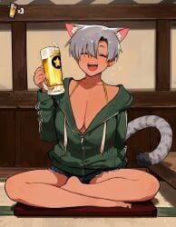 alternate_version_available beer cat_ears cat_girl cat_tail catgirl drunk drunk_bubble feline golden_bikini golden_week grey_hair hot_pants kara_(vertigris) vertigris
