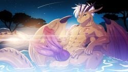 dragon gold_eyes golden_scales wings 4_arms white_hair looking_at_viewer battle_franky armageddon_(dracothegolden) 2_penises horns knot knotted_penis hyper hyper_penis hyper_balls water lantern detailed_background night night_sky lens_flare tail membranous_wings spread_legs tattoo tattoos tattooed_arm doom_(series) doom_eternal mark_of_the_slayer tattoo_sleeve smiling smiling_at_viewer
