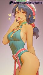 1girls 2025 ai_generated artist_name average_breasts black_hair breasts bust chest dark_skin electroworld female gradient gradient_background hat heart hi_res high_quality high_resolution highres medium_breasts nail_polish namco normal_breasts patreon patreon_username solo soul_calibur stable_diffusion talim tongue tongue_out watermark