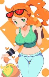 bare_shoulders big_breasts blush breasts cleavage collarbone commentary crop_top cute english_commentary eyewear_on_head female green_eyes hair_ornament heart heart_hair_ornament highres jellcaps large_breasts leaning_forward long_hair long_sleeves looking_at_viewer midriff navel orange_hair pants parted_lips pokemon pokemon_(creature) pokemon_ss pokemon_swsh side_ponytail sonia_(pokemon) sunglasses tail tail_wagging wholesome yamper