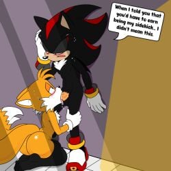 1:1 age_difference anthro aroused ass big_butt blush duo english_text fellatio genitals kneeling male male/male miles_tails_prower oral penile penis sega sex shadow_the_hedgehog sonic_(series) sonic_the_hedgehog_(series) soulyagami64 tails tails_the_fox text