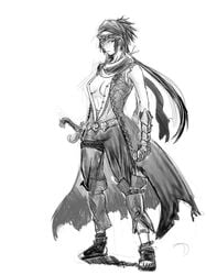 1girls breasts clothes female female_only footwear gauntlets greyscale hair human long_hair looking_at_viewer monochrome open_clothes prince_of_persia rule_63 simple_background solo standing sword the_thief weapon white_background