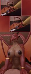 anthro areola areola_slip big_breasts breasts comic cowgirl_position dialogue dominant dominant_female dragon duo female from_front_position genitals gold_(metal) gold_jewelry hi_res hiddenmask18 human jewelry long_tail male mammal mythological_creature mythological_scalie mythology on_bottom on_top penetration penis pinned raised_tail scalie sex speech_bubble tail tila_(hiddenmask18) vulva wings