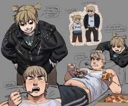 1boy belly chubby_belly chubby_male feederism female food goth_girl ice_cream leather leather_jacket pizza punk_girl roxanne_richter scott_pilgrim_(series) scott_pilgrim_takes_off teasing todd_ingram treasure_trail weight_gain weight_gain_male