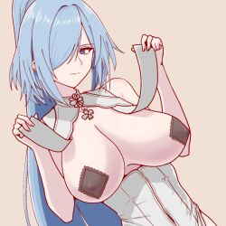 1girls blue_eyes blue_hair blusphere breasts breasts_out chinese_clothes clothes_lift covered_nipples dress expressionless female girls'_frontline girls'_frontline_2:_exilium hair_over_one_eye halterneck large_breasts lifted_by_self looking_at_viewer low-angle_view lowres mosoro pasties portrait simple_background white_dress