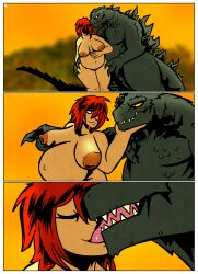 anthro attack_of_the_50_foot_woman barely_visible_genitalia barely_visible_vulva border breast_fondling breast_play breasts comic desertdragon94 duo female fondling genitals godzilla godzilla_(series) hand_on_breast hand_on_butt hand_on_chin hand_on_own_belly hi_res human human_on_anthro interspecies kaiju kissing loving_gaze macro male male/female mammal nude pregnant pussy scalie toho vulva white_border