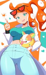 :d aqua_eyes aqua_nails aqua_shirt ass_visible_through_thighs big_breasts black-framed_eyewear blue_pants blush breasts coat commentary crop_top cute denim english_commentary eyewear_on_head fangs female green_eyes green_nails green_sweater heart high-waist_pants highres holding holding_pokemon index_finger_raised jeans jellcaps lab_coat large_breasts long_hair long_sleeves looking_at_viewer midriff nail_polish navel octoling octoling_player_character open_mouth orange-tinted_eyewear orange_hair pants pokemon pokemon_(creature) pokemon_ss pokemon_swsh ribbed_shirt ribbed_sweater shirt side_ponytail signature smile sonia_(pokemon) splatoon_(series) sunglasses sweater tentacle_hair thighs tinted_eyewear tongue tongue_out white_coat wholesome yamper