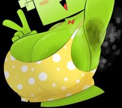 1girls 2d areola_slip armpit_fetish armpits big_areola big_breasts breasts croptop female green_areola green_body green_skin mimi_(super_paper_mario) open_mouth open_smile ota_(artist) paper_mario polka_dot red_tongue smile solo super_paper_mario sweat sweatdrop sweaty_armpits