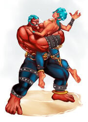 barefoot bear_hug bearhug bracelet breasts capcom carrying chain closed_eyes clothes color cyan_hair facial_hair female hair hakan hugging male moustache muscles nipples orange_skin red_skin round_ears rule_63 short_hair size_difference standing straight_hair street_fighter tear topless white_background