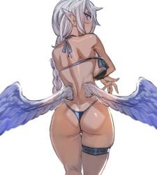 ass back_to_viewer big_ass big_breasts bikini blue_eyes bow_(bhp) braid braided_hair female from_behind_position looking_back original pointed_ears swimsuit tan_skin white_background wide_hips wings
