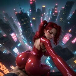 ai_generated beautiful city cyberpunk futuristic latex perfect red_hair tagme top video xm9