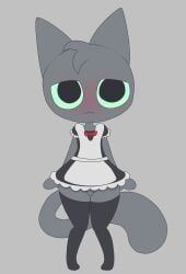 absurd_res balls barely_visible_genitalia barely_visible_penis blush body_blush bow_tie clothed clothing domestic_cat embarrassed felid feline felis flaccid foreskin genitals gooblie_2 green_sclera grey_background grey_body hi_res isaac_(gooblie_ii) knock-kneed legwear looking_at_viewer maid_uniform male mammal nude penis penis_blush simple_background solo tail thigh_highs tuft uncircumcised uniform