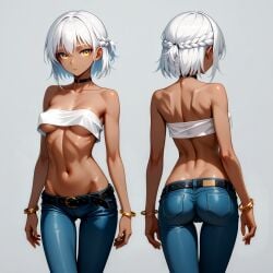 ai_generated ass bandeau bangle belt braided_hair braless butt_crack choker crop_top_overhang dark_skin denim denim_jeans evva_(zorkpics) female female front_and_back groin hip_bones jeans linea_alba lowleg medium_breasts nipple_outline perky_ass short_hair skin_tight skinny_jeans small_butt solo taut_pants thigh_gap thin_thighs tubetop turnaround underboob white_hair yellow_eyes zorkpics