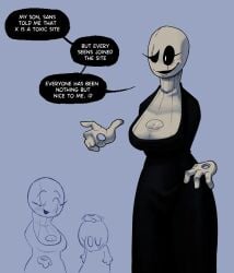 2d 2d_(artwork) black_dress breasts cutout_shirt cutout_sweater dialogue fem_gaster female gaster grey_sweater mr.alf rule_63 speech speech_bubble speech_bubbles tagme turtleneck turtleneck_sweater undertale undertale_(series) you