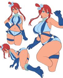 1girls all_fours alternate_costume armpits ass belt blue_belt blue_boots blue_eyes blue_gloves blue_jacket blue_shorts boots breasts c: cowboy_shot crop_top cropped_jacket dark-skinned_female dark_skin elbow_gloves female gloves gym_leader hair_between_eyes hair_ornament hand_on_own_hip high_collar highres holster ishinabe_art jacket knee_boots large_breasts leg_up legs long_hair looking_afar looking_at_viewer looking_back looking_to_the_side midriff multiple_views navel nintendo one_side_up pokemon pokemon_bw pouch red_hair short_hair_with_long_locks short_shorts shorts sidelocks simple_background sketch skindentation skyla_(pokemon) sleeveless sleeveless_crop_top smile solo standing teeth thick_thighs thigh_holster thigh_pouch thigh_strap thighs white_background