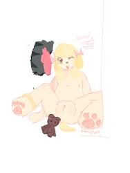 1boy 1girls 1girls1boys ankle_bracelet blonde_hair cub curly_hair female hairbow hairless innie_pussy knot lower_body_focus male paws pink_nipples pink_pussy_lips puppy_ears puppygirl stickers_on_body talking_to_another teddy_bear