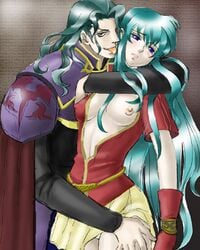 aozora_kyuuji arm_around_neck armor blue_eyes blue_hair blush body_armor breasts cape eirika_(fire_emblem) female fire_emblem fire_emblem:_the_sacred_stones from_behind glove hair_lick hand_on_another's_leg hand_on_leg human licking looking_away male nipple nipple_bulge no_bra open_clothes open_mouth open_shirt panties panty_peek shirt shoulder_armor skirt source_not_archived standing straight tongue tongue_out valter_(fire_emblem)