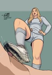 1boy athletic_female big_feet blonde_female blonde_hair brown_eyes cbt clothed_female cock_crush cumshot ejaculation female femdom footjob footjob_with_legwear footjob_with_one_foot gray_clothing gray_socks grey_socks male nude_male running_shoes shoejob sneaker sneakerjob sneakers standing_footjob standing_shoejob trampling