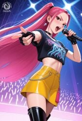1girls ai_generated concert crop_top female kpop_demon_hunters mira_(kpop_demon_hunters) open_mouth pointing_at_viewer scene seacreator singing skirt stage stage_lights standing