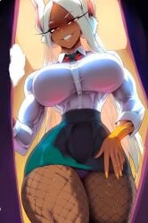 1girls abs ai_generated big_breasts breasts bunny_ears bunny_girl clothed clothing color dark_skin dark_skinned_female female female_focus female_only fishnets fit_female gigiti hi_res large_breasts long_hair looking_at_viewer miruko muscles muscular muscular_female my_hero_academia office_clothing office_lady red_eyes rumi_usagiyama solo solo_female thick_thighs white_hair