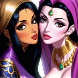 ai ai_art ai_generated anime big_eyes big_lips black_hair dark_skin hijab huge_breasts middle_eastern middle_eastern_female muslim muslim_female retro_artstyle yuri