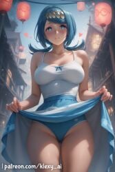 1girls ai_generated armpit_fetish armpits beach big_ass big_breasts blue_eyes blue_hair bodysuit breasts female female_focus klexyai lana's_mother_(pokemon) mature_female milf nipple_inside nipples pokemon skirt smile solo standing tits_out watermark