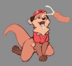 anthro backwards_hat baseball_cap bodily_fluids bottomless brown_body brown_fur chester_the_otter clothed clothing cum cum_in_mouth cum_inside cum_on_face duo elicitie femboy fur genital_fluids genitals hat headgear headwear kneeling kneeling_oral_position lutrine male male/male mammal mustelid penis simple_background smile tongue tongue_out unknown_character