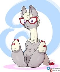 alpaca areola breasts camelid eyewear female fionthebunny genitals glasses hi_res looking_at_viewer mammal nipples nude pussy simple_background slightly_chubby smile solo solo_focus