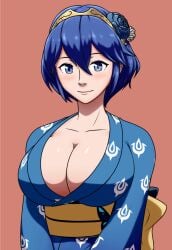 1girls alternate_breast_size alternative_hairstyle big_breasts blue_eyes blue_hair breasts cleavage female female_only fire_emblem fire_emblem_awakening flower huge_breasts kimono large_breasts looking_at_viewer lucina_(fire_emblem) nintendo no_bra robe short_hair smile solo solo_female wafuku ydbunny