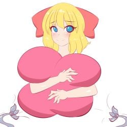 aged_up blonde_hair blue_eyes blush breast_expansion breasts breasts_bigger_than_head butt cleavage clothed clothing earthbound earthbound_(series) female giant_breasts gigantic_breasts hair huge_breasts human human_only jcdr mother_(series) mother_2 nintendo paula_jones paula_polestar pink_dress red_hairbow white_skin