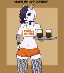 anthro beverage bottomwear bovid bulge caprine clothing collar femboy_hooters fishnet girly goat goth hi_res horn inprogress male mammal shorts solo uniform waiter