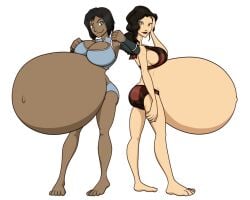 2girls asami_sato ass avatar_legends belly big_belly big_breasts black_hair blue_eyes bra breasts dark-skinned_female dark_skin female green_eyes huge_belly hyper_belly korra large_breasts light-skinned_female panties pregnant riddleaugust the_avatar the_legend_of_korra underwear water_tribe