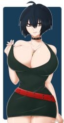 1girls atlus axel_persona belt big_breasts black_nails blue_hair breasts brown_eyes choker curvy dress female female_only necklace persona persona_5 smile solo solo_female tae_takemi