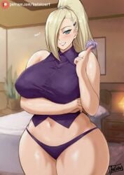 1girls 2022 alternate_breast_size artist_signature batako blonde_hair blush boruto:_naruto_next_generations breasts condom female female_only green_eyes hair_over_one_eye hips holding_object huge_breasts indoors ino_yamanaka long_hair looking_at_viewer mature_female milf mother naruto naruto_(series) naughty_face panties patreon_username purple_panties purple_topwear thick_thighs thighs wide_hips