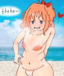 5_fingers beach belly_button blue_eyes bow breasts chubby chubby_female doki_doki_literature_club english_text female female_only hairbow hairbow heart nipples pussy red_bow red_hair_bow sayori_(doki_doki_literature_club) spicy_maru text vagina