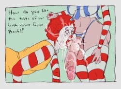 1boy 1futa ass big_ass big_penis clothed clothing cum cum_in_mouth cum_overflowing faceless faceless_character faceless_futanari fast_food futa_on_male futanari legwear mcdonald's nomad_reverse penis ronald_mcdonald sketch standing thick_thighs thighhighs vomiting_cum wendy's wendy_thomas wide_hips