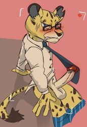 aggressive_retsuko anthro balls blush blush_lines bottomwear clothed clothing eyewear felid genitals glasses humanoid_genitalia humanoid_penis hyoudou_(aggretsuko) leopard loneliestbara lying male male_only mammal necktie open_bottomwear open_clothing pantherine penis recording sanrio smooth_fur solo