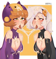 2girls after_kiss ahe_gao anapple bea_(brawl_stars) brawl_stars colette_(brawl_stars) cum cum_in_mouth kissing lesbian lesbian_sex tagme yuri