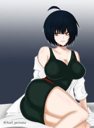 1girls ass atlus axel_persona big_breasts blue_hair breasts brown_eyes dress female female_only goth green_dress labcoat legs mature_female necklace persona persona_5 short_hair solo solo_female tae_takemi thighs