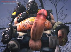 3d 3d_(artwork) balls big_balls big_penis boner erection gay huge_cock male male_only mask muscles muscular nsfwmaker overwatch overweight penis penis_out penis_through_fly roadhog solo solo_male tattoo