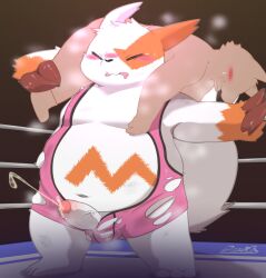 2022 anthro balls belly blush bodily_fluids canid canine closed_eyes cum dipo_(artist) duo ejaculation erection fighting_ring genital_fluids genitals hi_res humanoid_hands kemono male mammal moobs nintendo orange_body overweight overweight_male penis pokémon_(species) pokemon pokemon_(species) video_games white_body wrestling zangoose