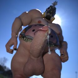 3d 3d_(artwork) balls big_balls big_penis boner cum cum_drip erection gay male male_only mask muscles muscular nsfwmaker overwatch overweight penis roadhog solo solo_male tattoo