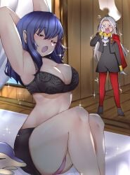 1340smile 2girls absurdres arms_up ass bed blue_hair blush breasts byleth_(fire_emblem) byleth_(fire_emblem)_(female) cape cleavage cyndaquil edelgard_von_hresvelg embarrassed female female_only fire_emblem fire_emblem:_three_houses garreg_mach_monastery_uniform highres lingerie multiple_girls nintendo open_mouth panties pantyhose pantyshot pink_panties pokemon pokemon_(species) red_legwear solo_focus surprised underwear upskirt waking_up walk-in yawning