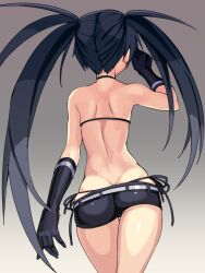 1girls ass ass_cleavage back bare_shoulders bikini bikini_top_only black_gloves black_hair black_panties black_rock_shooter black_rock_shooter_(character) black_shorts butt butt_crack elbow_gloves facing_away female from_behind gloves grey_background long_hair ninopal panties short_shorts shorts side-tie_panties simple_background solo swimsuit twintails underwear uneven_twintails