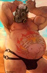 balls belly big_belly bulge fat fat_man gay hairy jockstrap male male_only mask momodeary muscles muscular obese obese_male overwatch overweight overweight_male penis roadhog solo solo_male tattoo