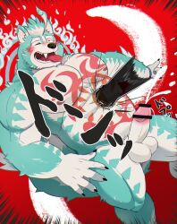 abs absurd_res anthro asian_mythology balls blue_body blue_fur blush bodily_fluids breath canid canine canis censored chest_markings cum cumshot east_asian_mythology ejaculation fist foo_dog fur fur_markings genital_fluids genitals gutpunch hi_res japanese_mythology japanese_text komainu lifewonders looking_pleasured male mammal markings masochism multicolored_body multicolored_fur muscular muscular_male mythology nipples nude oguchi_magami_(tokyo_afterschool_summoners) one_eye_closed orgasm panting pecs penis punch simple_background solo tattoo text tokyo_afterschool_summoners tongue tongue_out translation_request video_games white_body white_fur wink yōkai zuboboz