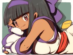 1girls ainu_clothes arm_support big_breasts breasts cute dark-skinned_female fingerless_gloves gloves hair_ribbon large_breasts long_hair looking_at_viewer lying murasaki_nakoruru on_stomach pose red_eyes ribbon samurai_shodown sideboob smile snk solo the_pose veil8801