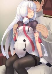 1boy admiral_(kantai_collection) blush covered_navel female gloves kantai_collection long_hair murakumo_(kantai_collection) outie_navel pantyhose parted_lips pregnant remodel_(kantai_collection) sidelocks sitting sitting_on_lap sitting_on_person sweatdrop taji_(crowview) tsundere white_hair