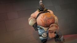 3d 3d_(artwork) balls big_balls big_penis boner erection gay lavenchie male male_only mask muscles muscular overwatch overweight penis penis_through_fly roadhog solo solo_male tattoo